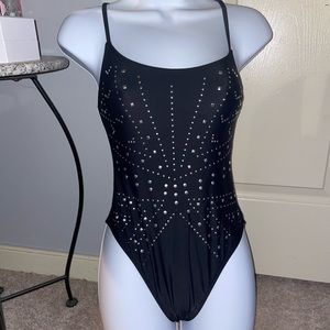 Black and silver one piece bathing suit